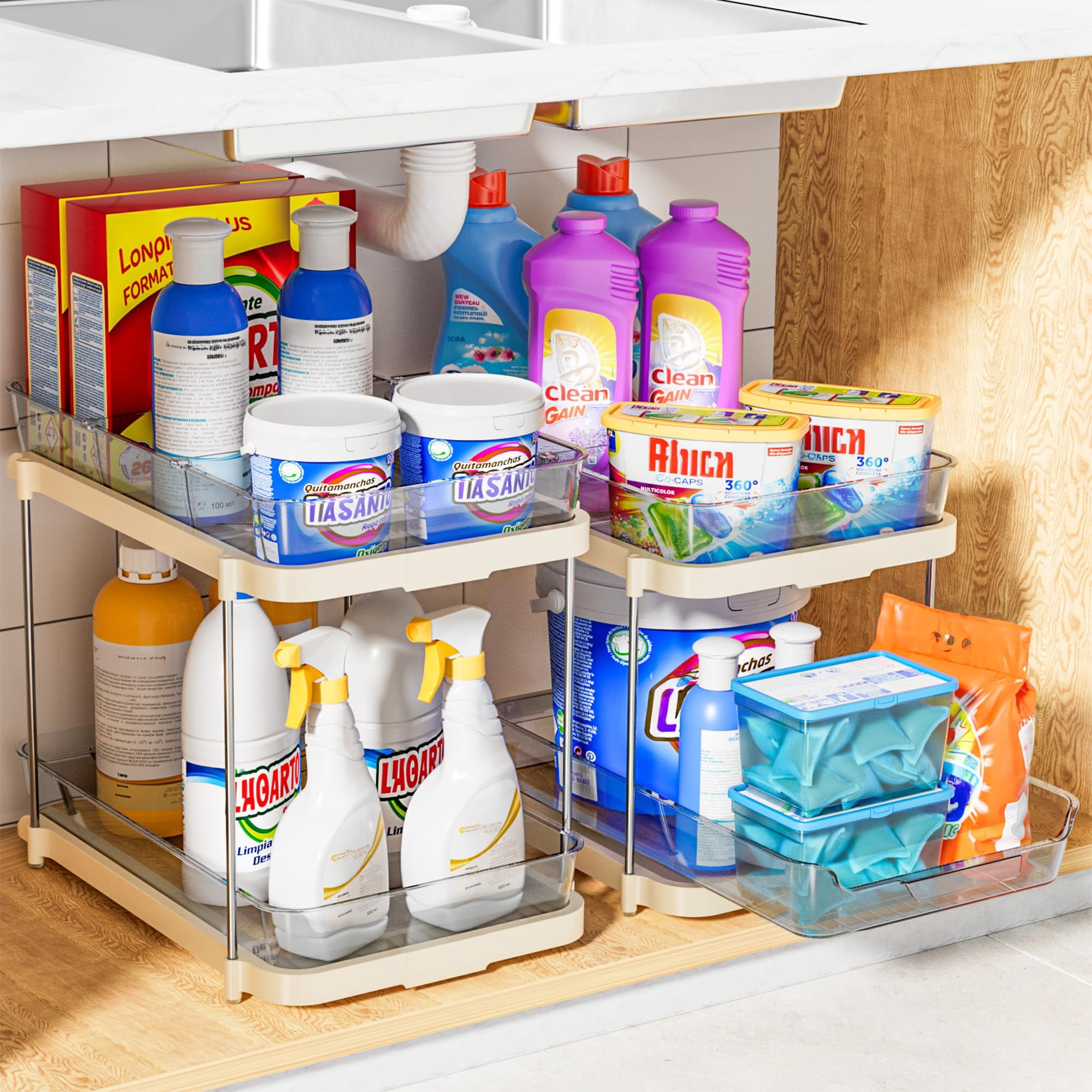 2-tier Multi-purpose Bathroom Under Sink Organizers And Storage  Stackable Kitchen Pantry Organization Pull Out Cabinet Organizer With Movable Dividers Beige 2 Pack