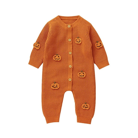 Coerni Baby Boys Girls Halloween Clothes Long Sleeve Knitted Sweater Romper Toddler Pumpkin Print Button Jumpsuit Outfits