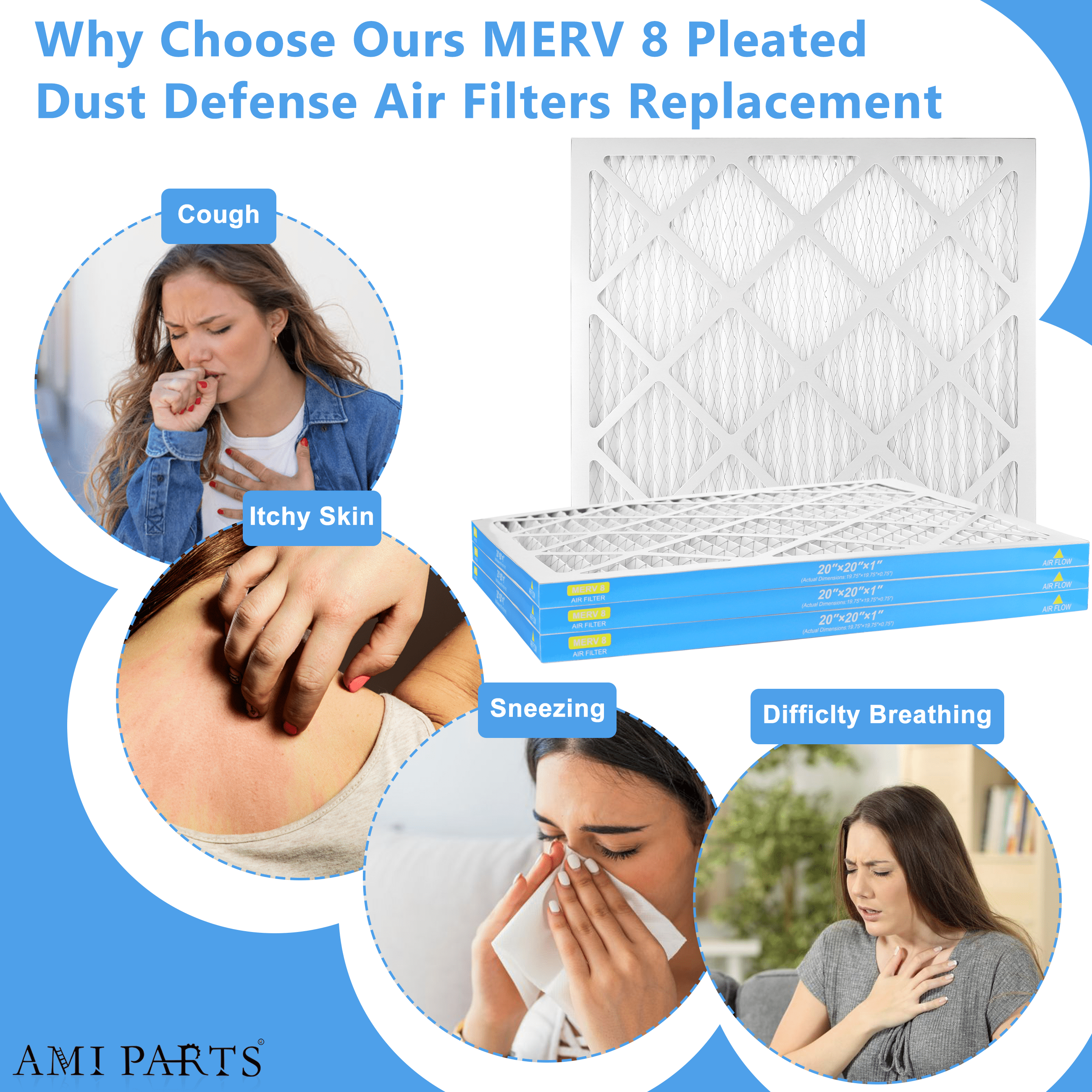 AMI PARTS 20x20x1 Furnace Air Filter MERV8 (MPR 600) Dust Reduction, Pleated HVAC AC Air Filters, 4 Filters