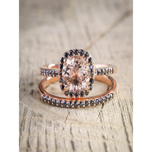 Limited Time Sale 2 Carat Peach Pink Morganite (Round cut) and Black Diamond Engagement Bridal Wedding Ring Set in 10k Rose Gold
