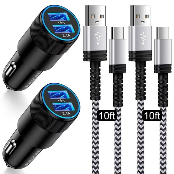 Car Charger Adapter Usb C,AILKIN Set of 4PACK Car Charger for Android Type C Car Charger Fast Charging Cigarette Lighter Adapter with 2PACK Usb Type C Charging Cable 10ft
