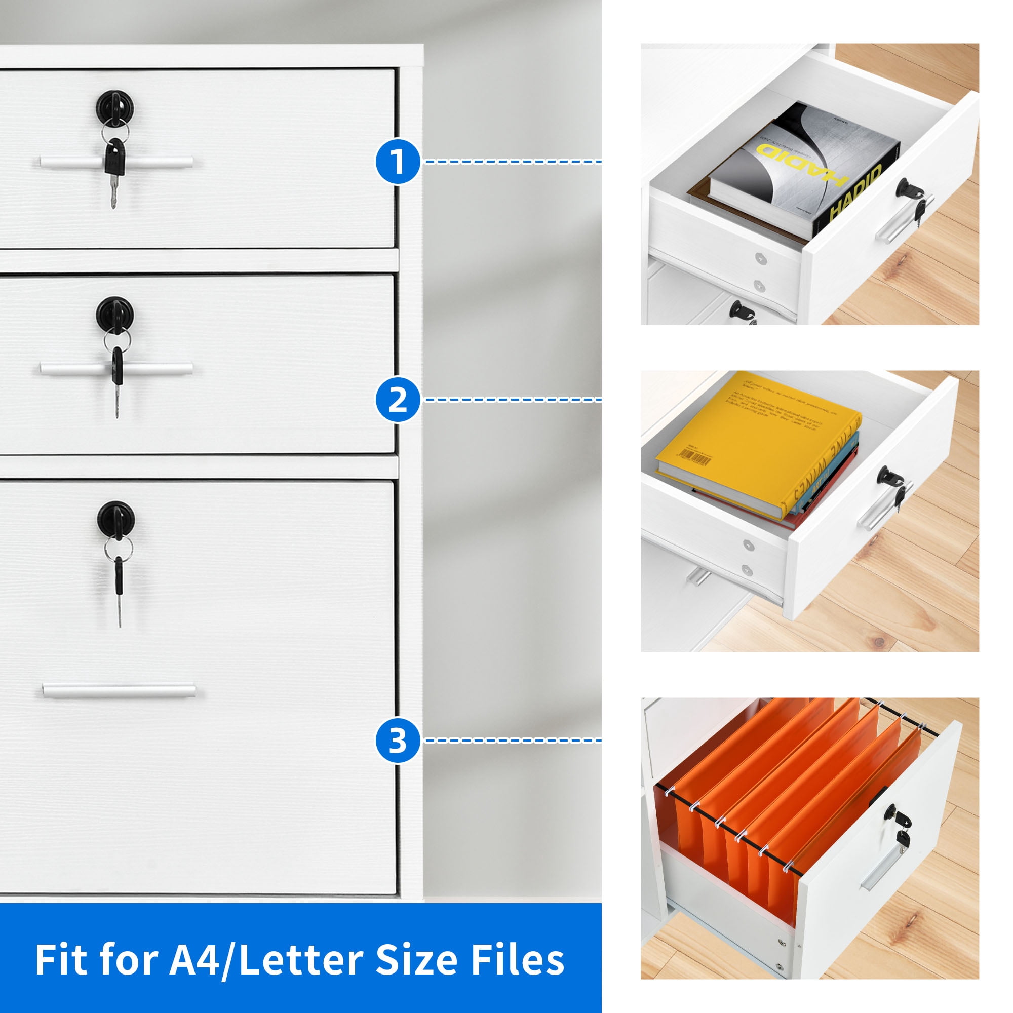 Dextrus 3 Drawer File Cabinet with Charging Station and Lock, Mobile Lateral Filing Cabinet Rolling Printer Stand for Office, White