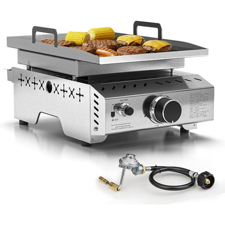 WAA Portable 8000BTU Propane Gas Grill 1 Burner Stainless Steel Tabletop Flat Top Griddle,Silver for Outdoor Camping/Tailgating