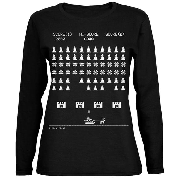Classic Arcade Game Ugly XMAS Sweater Black Womens Long Sleeve T-Shirt - Small