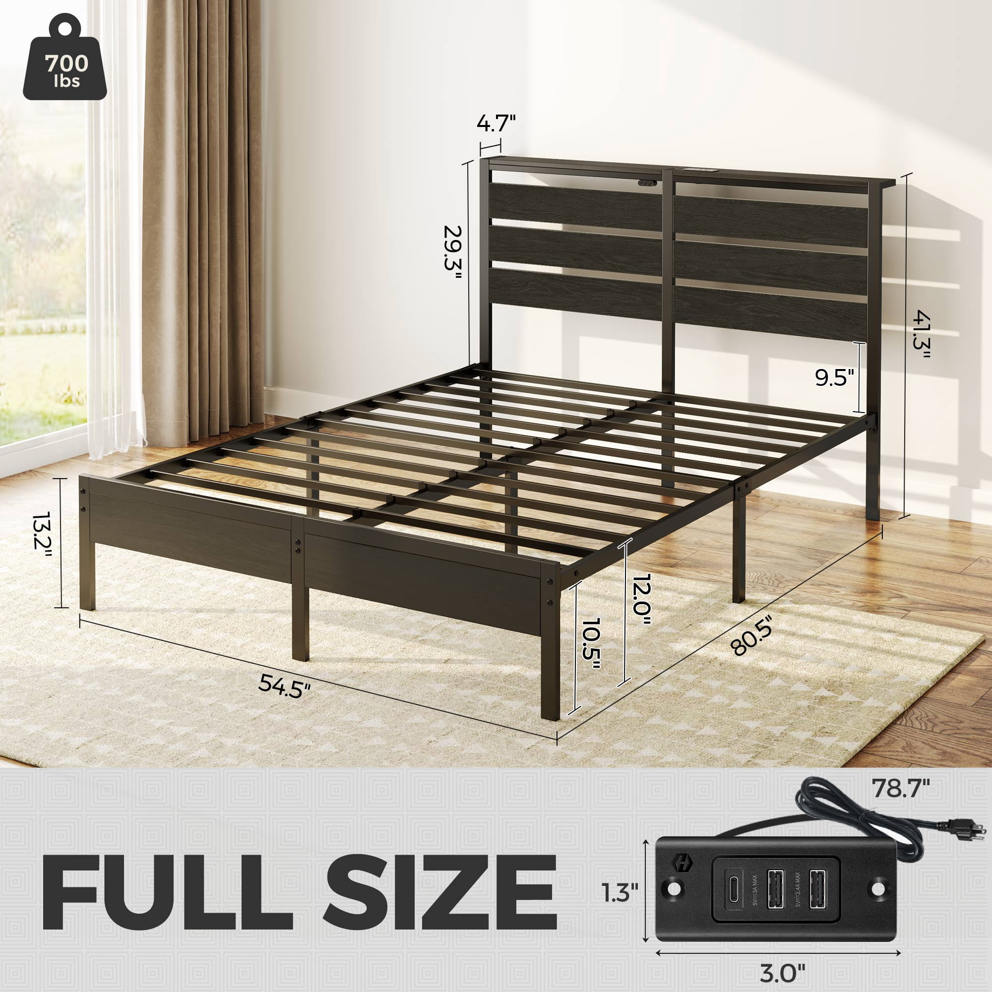 Greenstell Full Size Bed Frame with Storage Headboard,Wood Platform Bed with LED Lights & USB Charging Station, Metal Bed Frame, Black