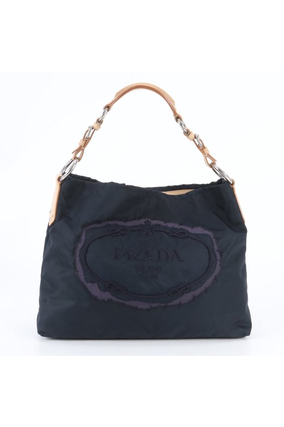 Pre-Owned Prada Tessuto Nylon Logo Embroidered Leather Shoulder Bag Handbag for Women