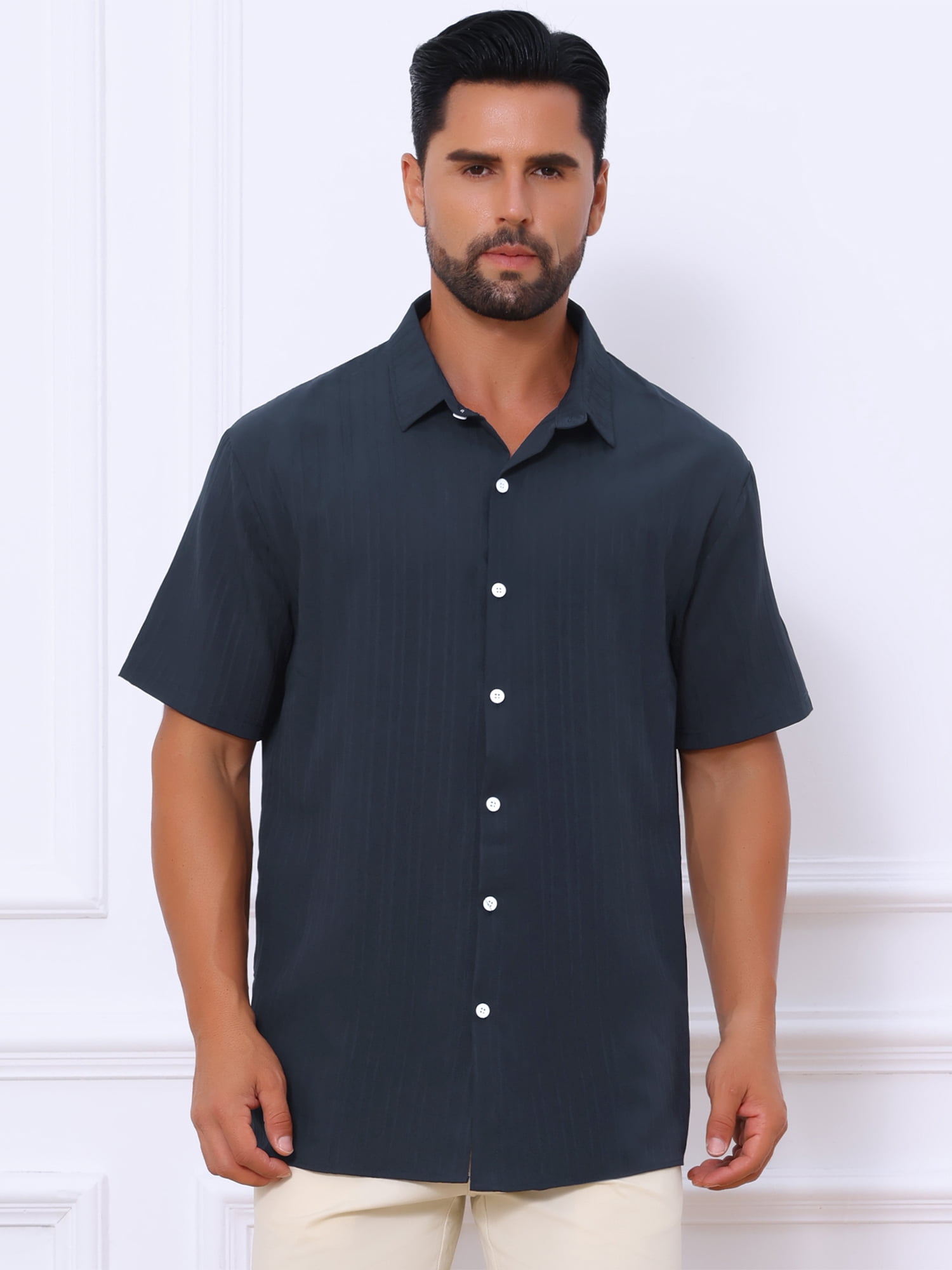 DARING DIVA Men's Short Sleeve Button Down Beach Summer Casual Shirt for Men S Navy Blue