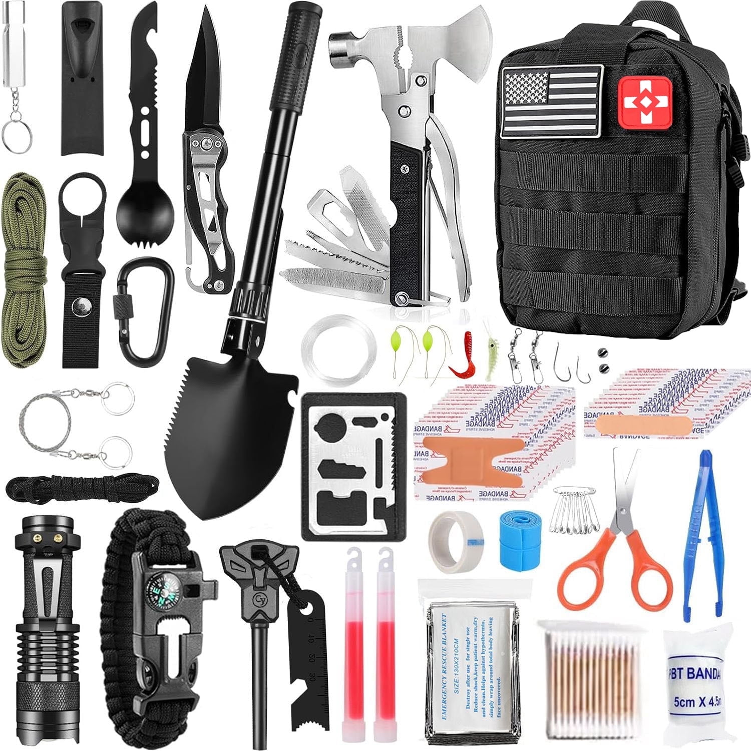 TEIPUERY 250pcs Emergency Survival Kit, Camping Survival Gear with First Aid Supplies, Tools and Tactical Backpack