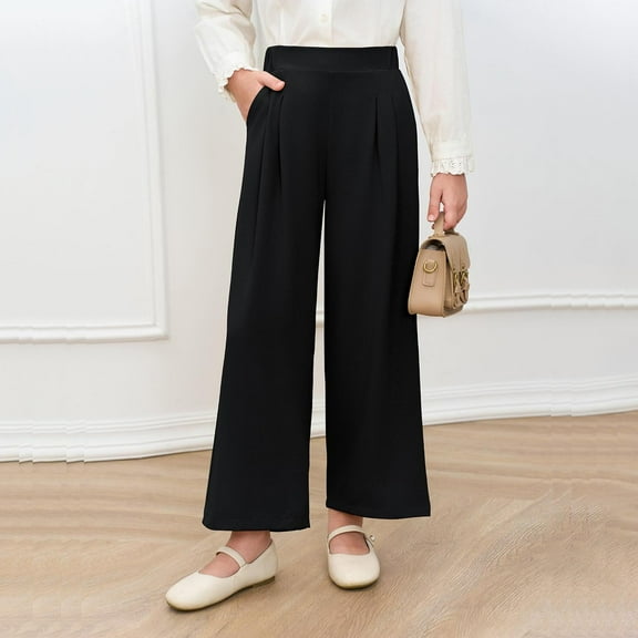 MKOSPLRT Wide Leg Trousers for Girl High Waist School Uniform Pants Baggy Cropped Pants Solid Color Lounge Straight Leg Pants with Pocket