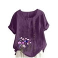thumbnail image 5 of QIUOMBBP Womens Floral Print Tshirts Linen Roll Up Short Sleeve Plus Size Crew Neck Tops Loose Comfy Summer Lightweight Shirts Purple M, 5 of 5