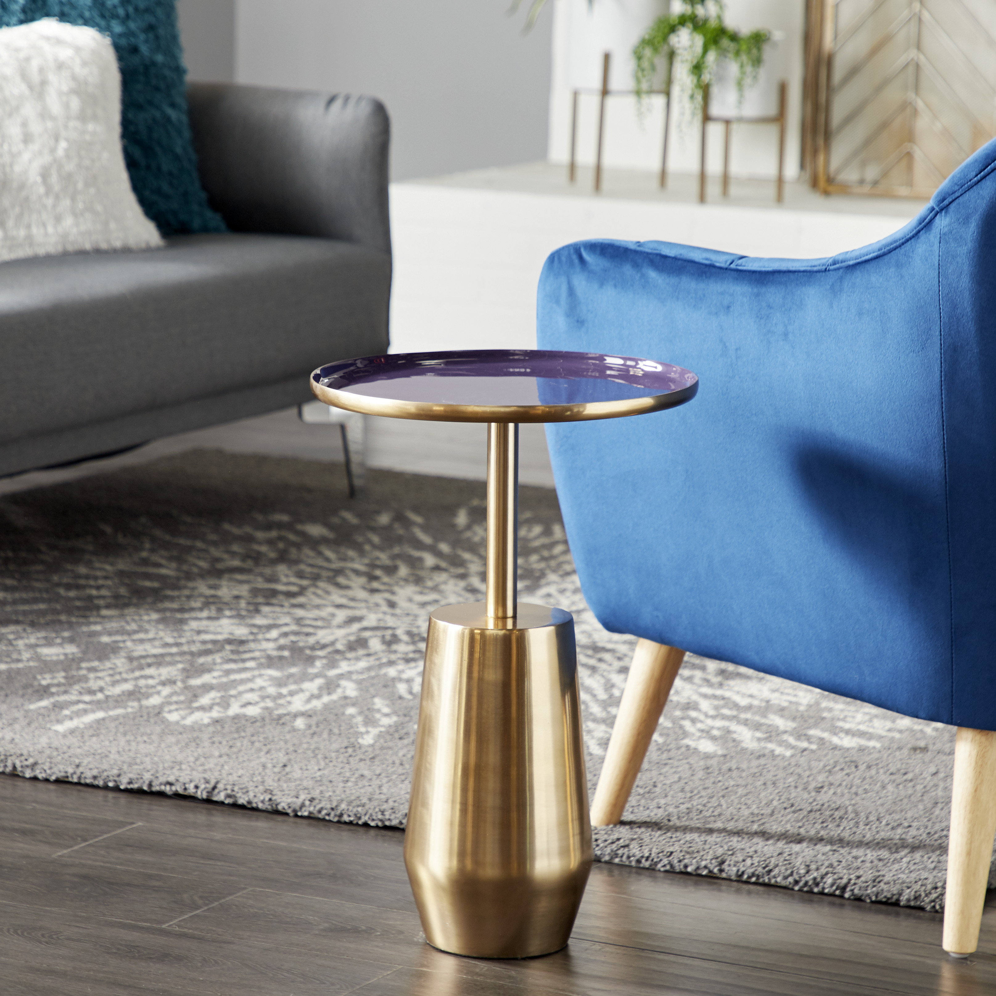 DecMode Round Gold Aluminum Accent Table With Purple Enamel Inlay, 14