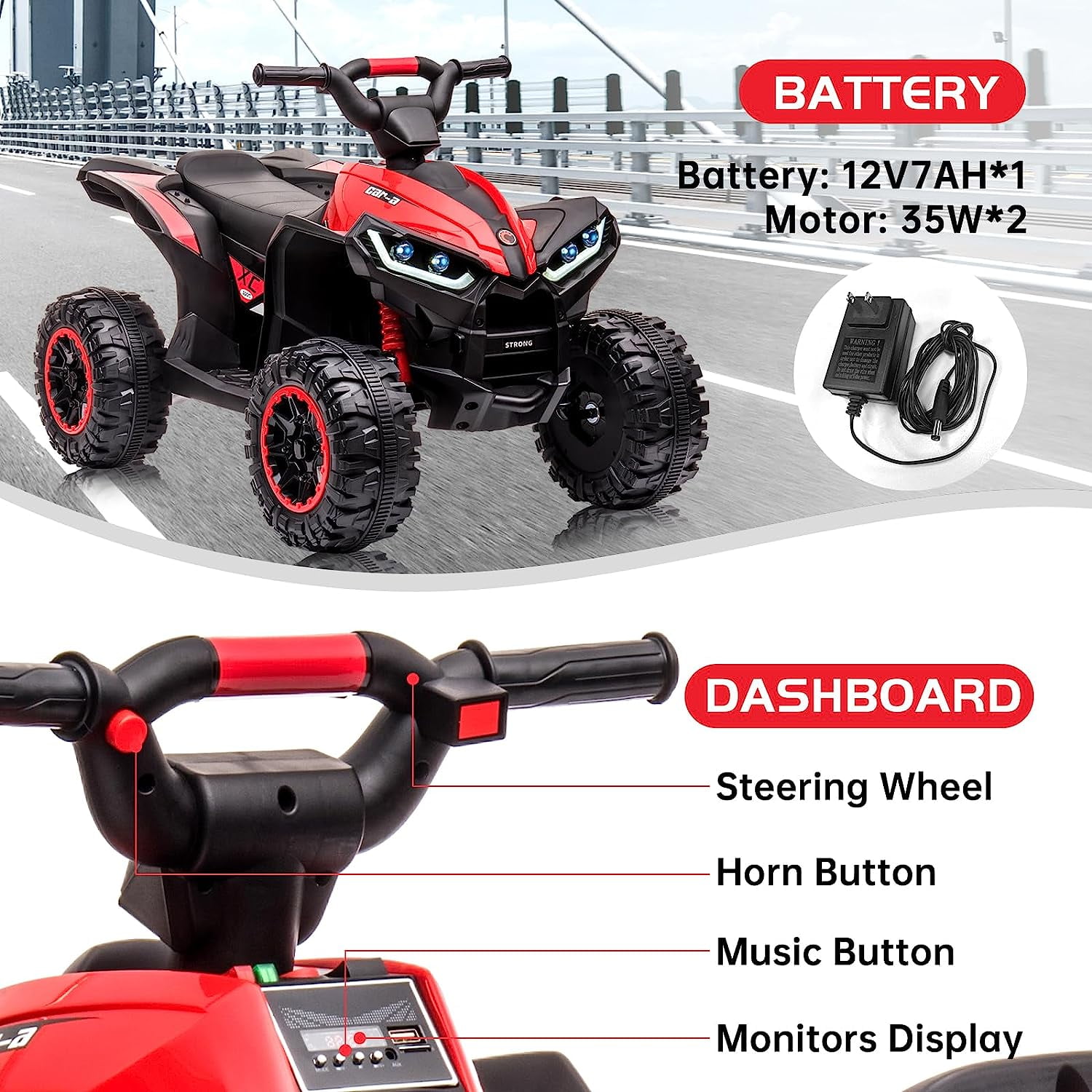Trilenars Electric Quad Bike 12V, Ride On Car ATV Toy with Remote Control, Music, LED, Horn, 2 Speed, for Ages 3-5 Years,Red