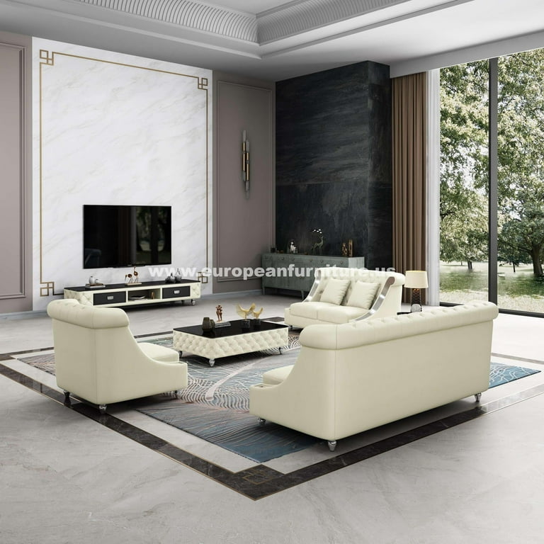 Glam Off White Italian Leather MAYFAIR Sofa Set 3Pcs EUROPEAN FURNITURE Modern