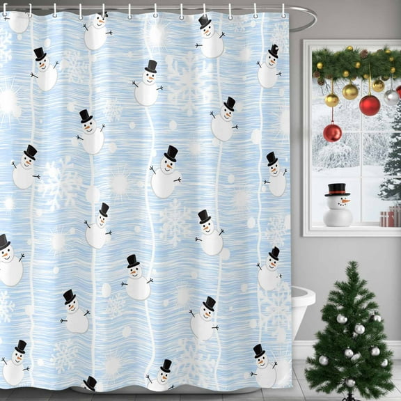 Christmas Winter Snowman Shower Curtains for Bathroom, Xmas Snowflakes Blue Patch Waterproof Fabric Shower Curtain for Bathroom Bathtub Decoration, Machine Washable, 72"x72"