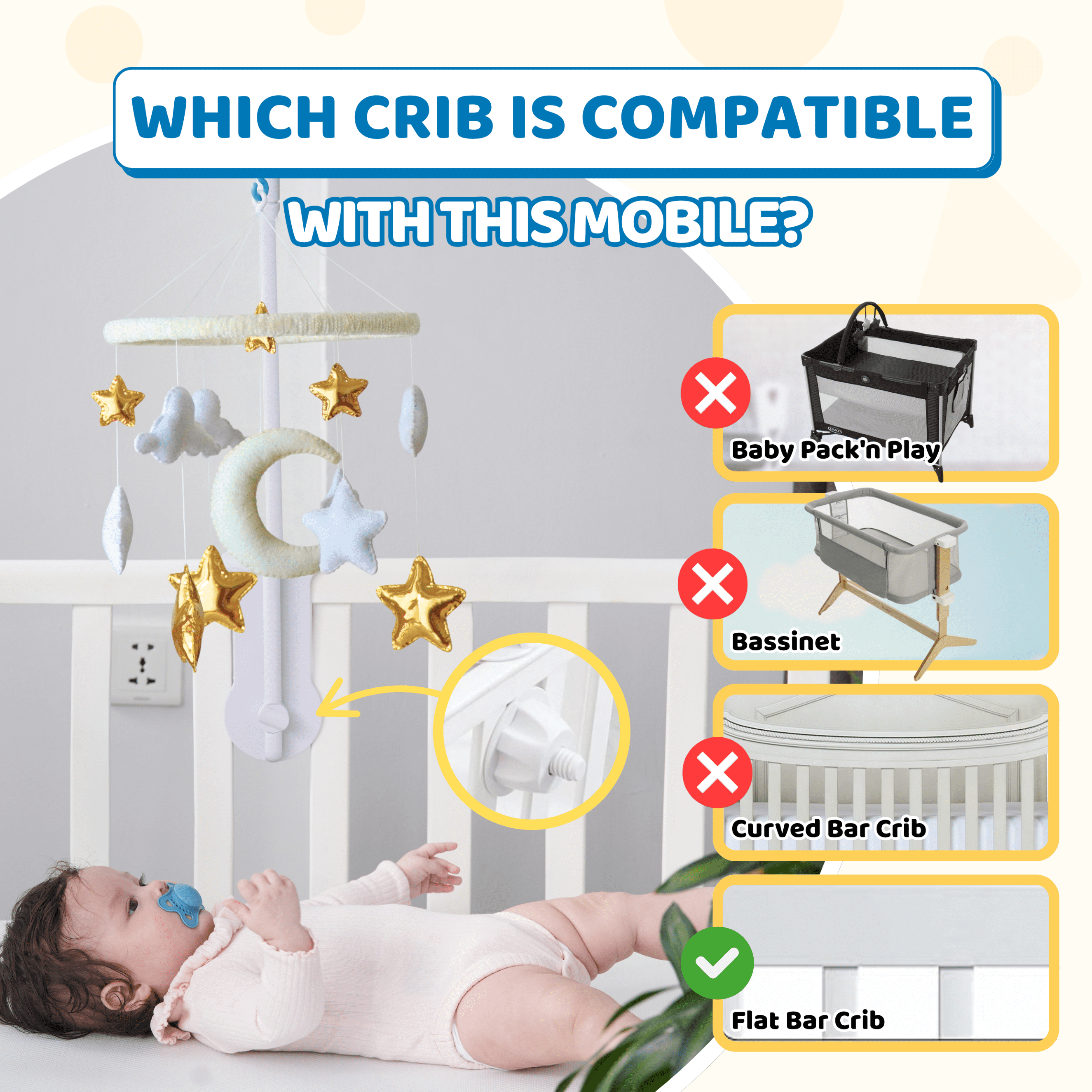 TINITIGIES Star & Moon Baby Crib Mobile with Music Box – Handmade Felt Nursery Mobile, 12 Piano Lullabies, Golden Star Theme for Visual & Cognitive Development