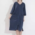 thumbnail image 2 of SWSMCLT Women's House Coat Soft Robe Knee Length V Neck Housecoat 3/4 Sleeve Cool Nightgown Pocket Zip Up Zipper Lightweight Waffle House Dress Navy X-Large, 2 of 4