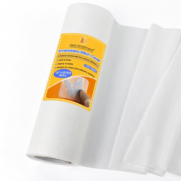 New brothread Gentle Fusible Embroidery Backing - 12" x 10 Yard Heat-Activated Lightweight Stabilizer for Scratch-Free Stitch Protection (White)