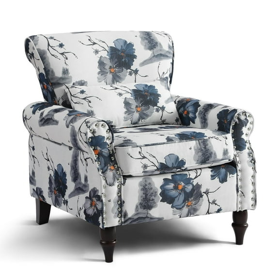 Mid-Century Accent Chair, Floral Wingback Chair with Removable Pillow, High Back Armchair with Wood Legs&Nailhead Trim, Comfy Upholstered Reading Chair for Living Room