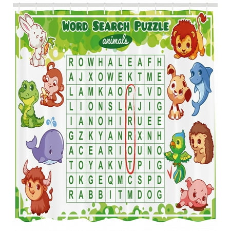 Animal Print Bathroom Decorating Ideas Word Search Puzzle Shower Curtain, Educational Game for Kids Decorated with Cute Animals Worksheet Print, Fabric Bathroom Set with Hooks, 69W X 70L Inches, Multicolor, by Ambesonne ()