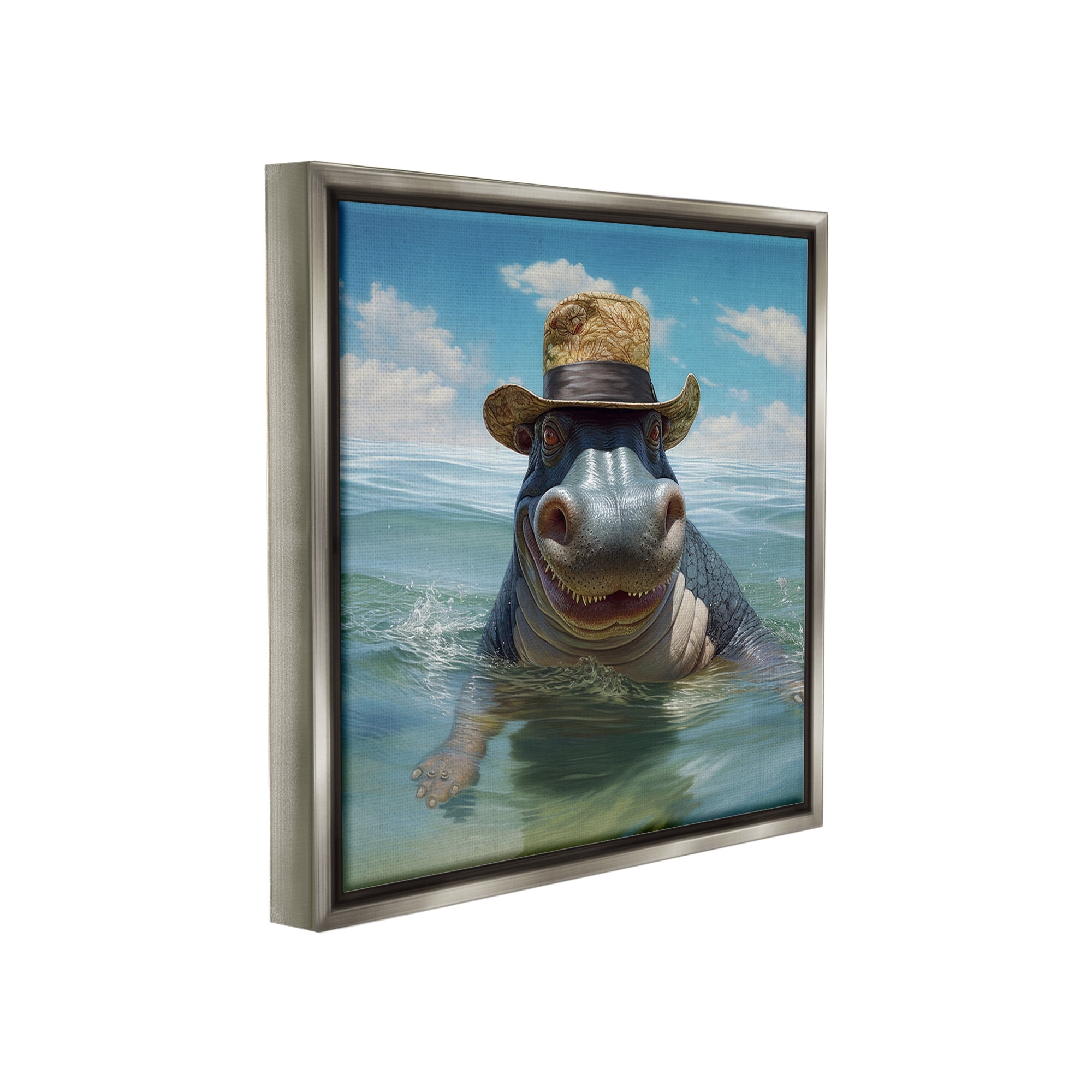 Stupell Industries Hippo with Trendy Hat Animals & Insects Painting Gray Floater Framed Canvas Art Print Wall Art, 25 x 25