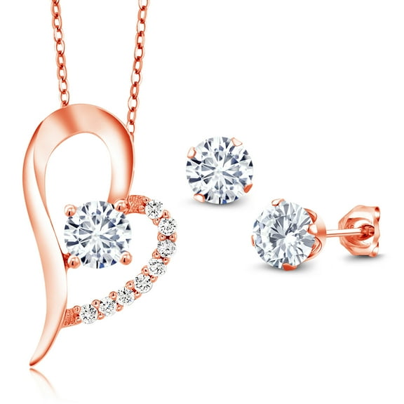 Gem Stone King 18K Rose Gold Plated Silver White Moissanite Pendant and Earrings Jewelry Set for Women (2.72 Cttw, Gemstone Birthstone, Round 6MM)