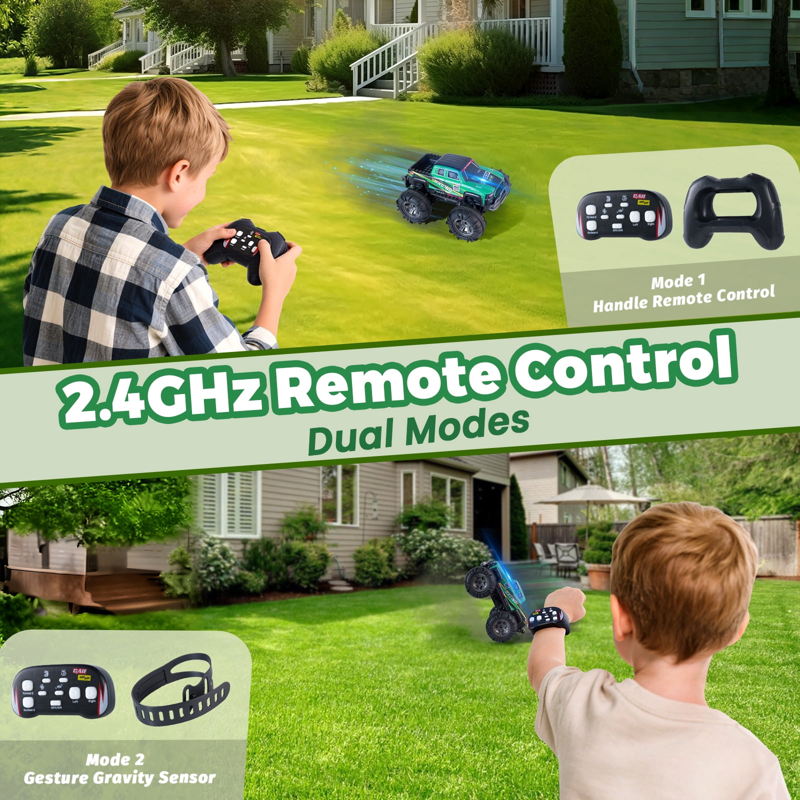 Glee Max Amphibious Remote Control Car, 4WD 2.4GHz RC Monster Truck with Lights,  Toy Gifts for Children, Green