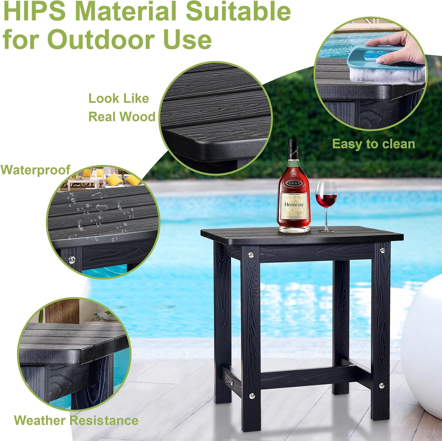 Y&M Outdoor Side Table, HDPE Patio End Table for Adirondack Chair, Weather Resistant Small Accent Table, Black, 2 Pack