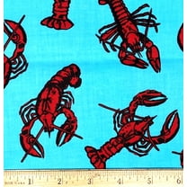 1 Fat Quarter - Red Lobsters on Blue Cotton Fabric - 21" X 18"
