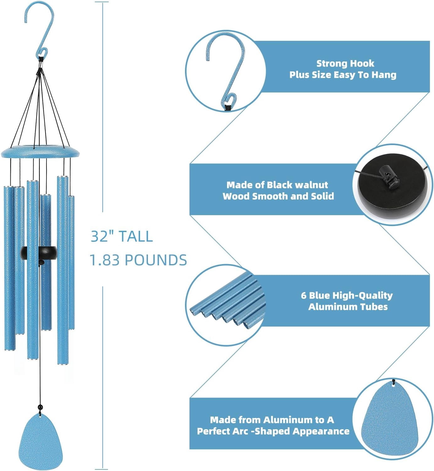 Wind-Chimes-Outdoor-Deep-Tone, Large Soothing Melodic Tones Mobile Windchimes, Wind Chimes for Outside, Memorial Wind Chimes Best Gift for Mom Women Grandma Neighbors(32" Blue Coated Aluminum)
