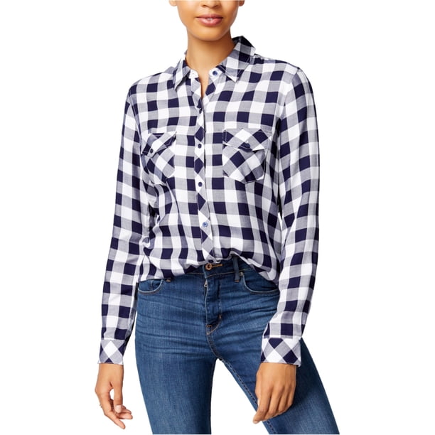 Camisa Abotonada Maison Jules con Estampado de Cuadros para Mujer Azul Mediana