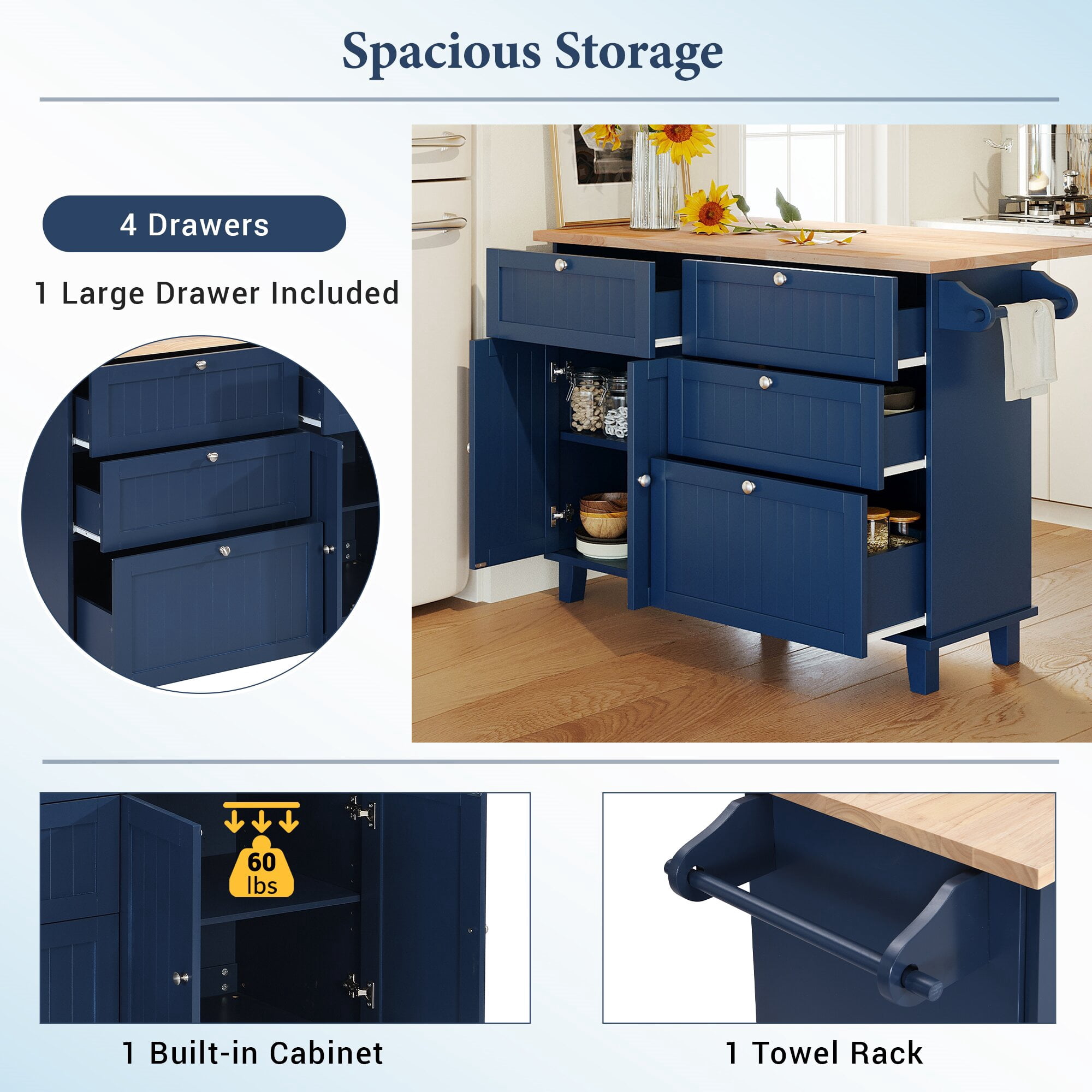 Yoneston Farmhouse Kitchen Island Set with 2 Stools, Dining Table Set with Drop Leaf, Storage Cabinet, Drawers and Towel Rack for Kitchen Dining Room, Blue