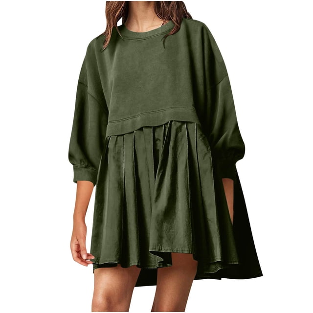 Qiopertar Robe de Sport à Col Rond Manches 3/4 Patchwork pour Femmes Mini Jupe Ample Robe Hygiénique en Solde à Moins de 5$ en Solde
