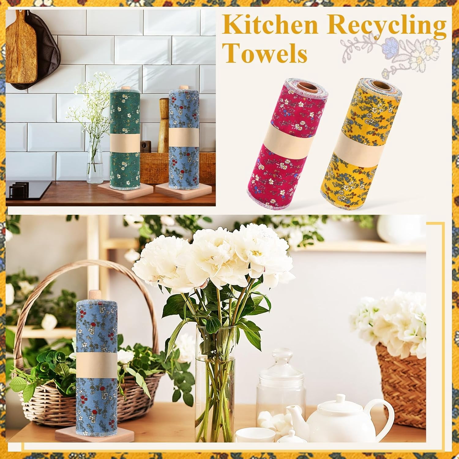 50 Pcs Reusable Paper Towels Paperless Reusable Cotton Cloths Toilet Absorbent Washable Paper Towels with Roll Kitchen Dishcloth for Kitchen Paperless Dishcloths(Daisy)
