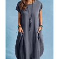 thumbnail image 3 of Vestidos transpirables de lino y algodón para mujer, ropa holgada informal y cómoda con cuello redondo y bolsillos dobles, Color sólido, Verano, 3 of 5