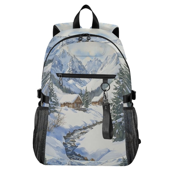 Full‑Print Casual Laptop Backpack, 20L Water‑Resistant Twill Tote Daypack with 14 Inch Computer Compartment for School Business Travel Snow Mountain