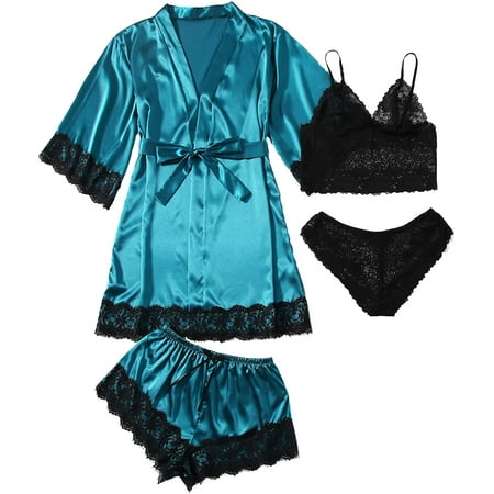 

ZWUYIYHJ Women s Satin Pajama Set 4pcs Floral Lace Trim Cami Lingerie Sleepwear with Robe