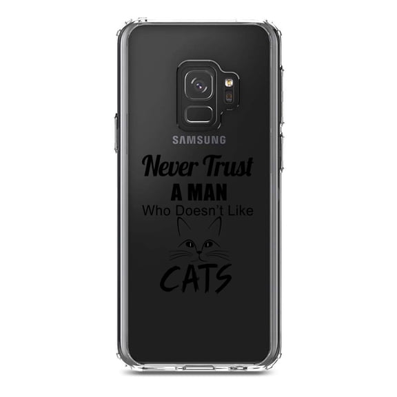 DistinctInk Clear Shockproof Hybrid Case for Samsung Galaxy S9 (5.8" Screen) - TPU Bumper Acrylic Back Tempered Glass Screen Protector - Never Trust Man Who Doesn't Like Cats