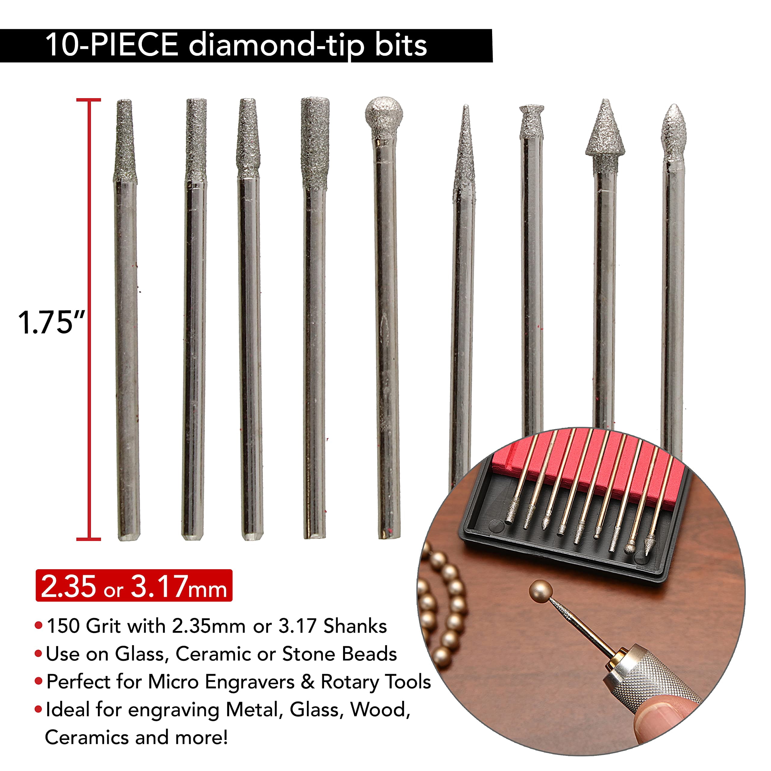The Beadsmith Engraver Set - Battery Operated Micro Engraver & 2 Round Diamond-Tip Bits – 10-Piece Diamond Tip Bits – Ideal for Engraving, Polishing & Sanding on Metal, Glass, Wood, Ceramics & More