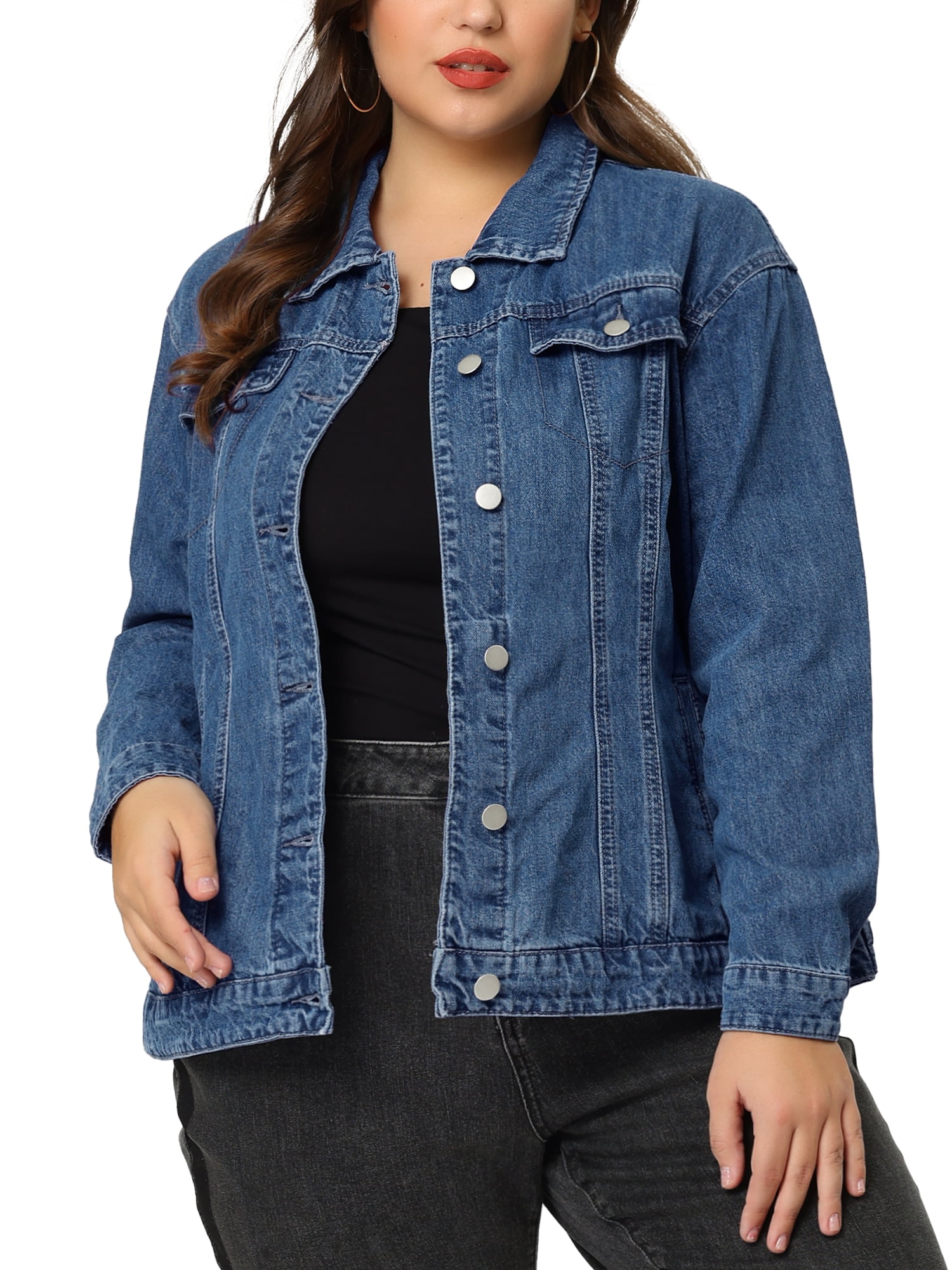 Unique Bargains Women's Plus Size Long Sleeve Button Front Washed Denim Jacket