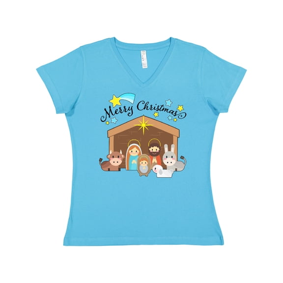 Inktastic Merry Christmas Cute Nativity Scene Women's V-Neck T-Shirt