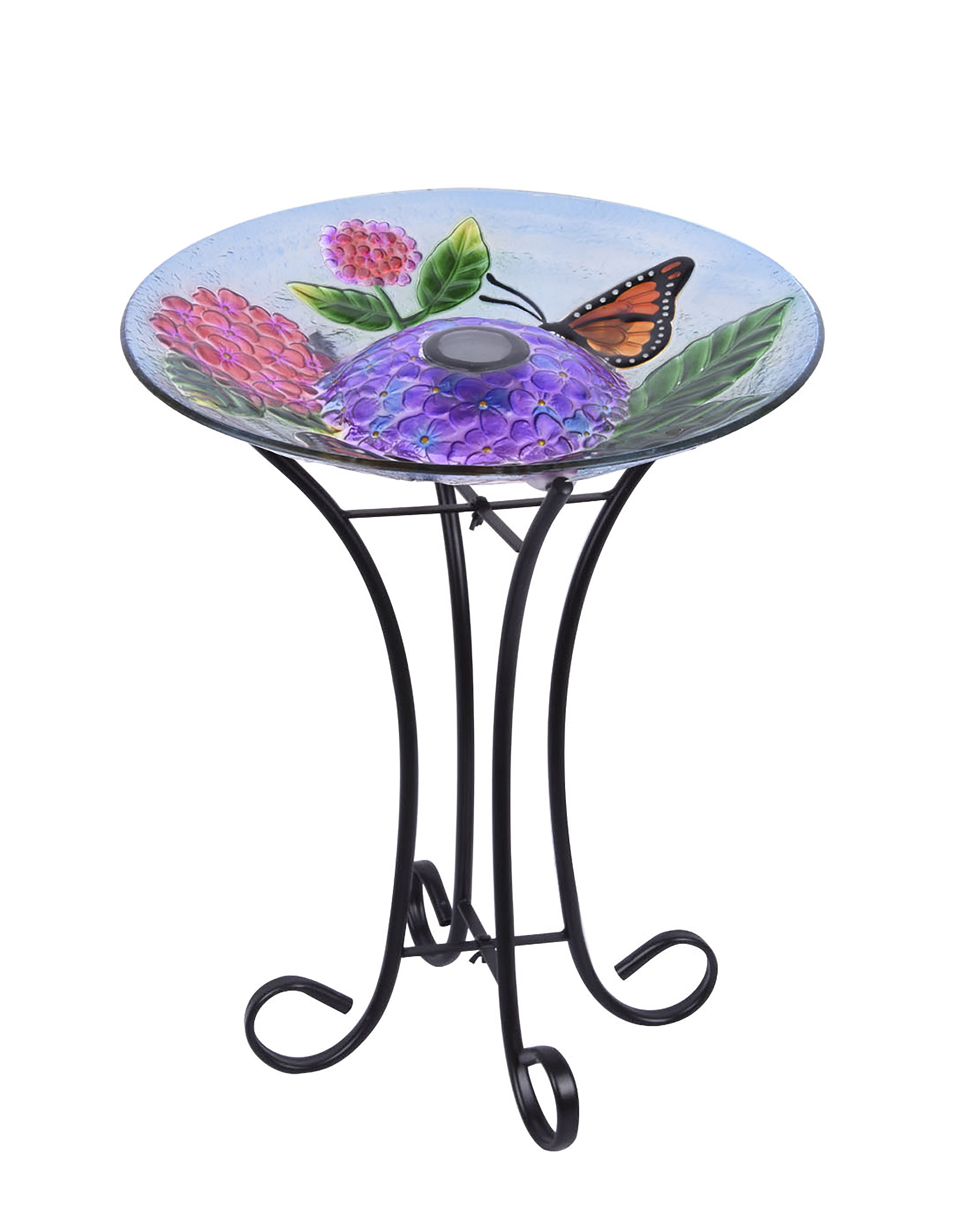 Hi-Line Gift Solar LED Glass Bird Bath with Stand, Floral