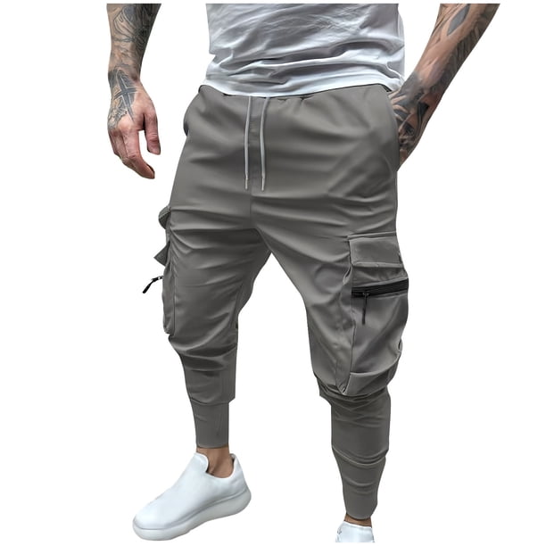 Pantalones largos para hombre, elásticos, de color liso, con cremallera, múltiples bolsillos, cintura elástica, cordón ajustable, de poliéster.