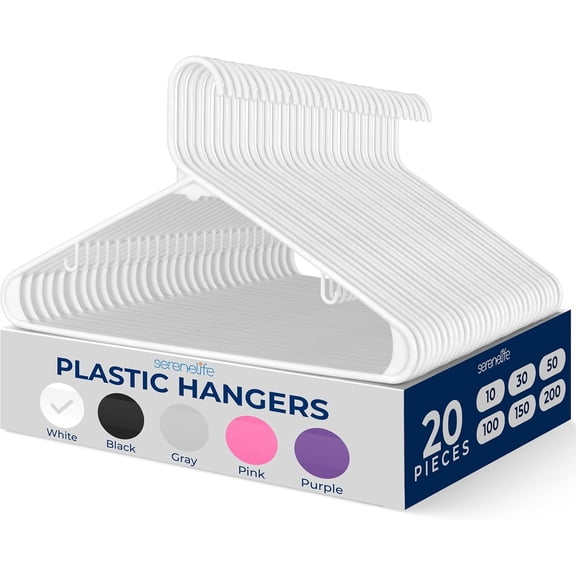 SereneLife 20-Pack Standard Plastic Space Saving Durable Tubular Heavy Duty Clothes Hanger, (White)