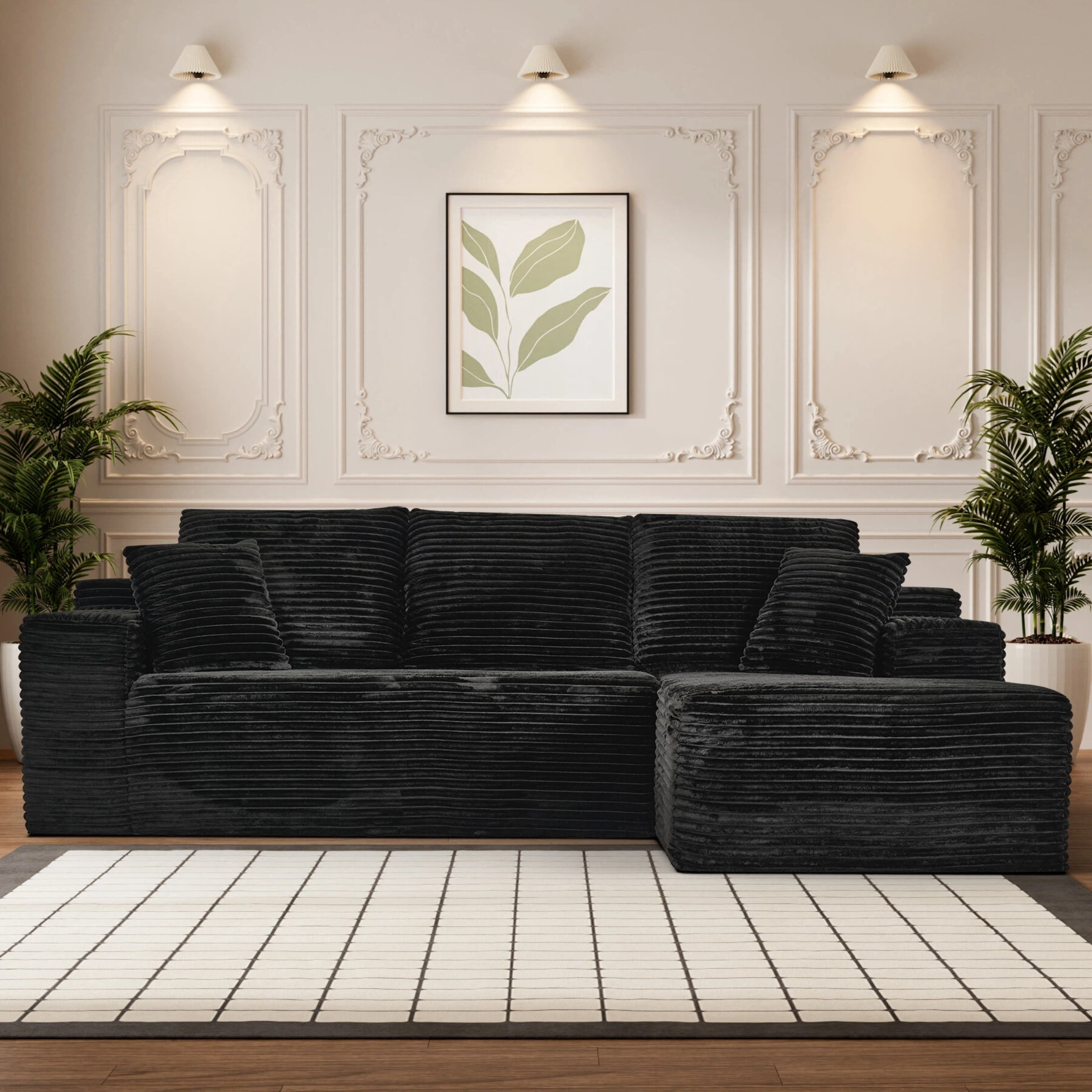 AISWORD 107.5" Corduroy Modular Sectional Sofa with Right Facing Chaise, Compressed Couch, Black