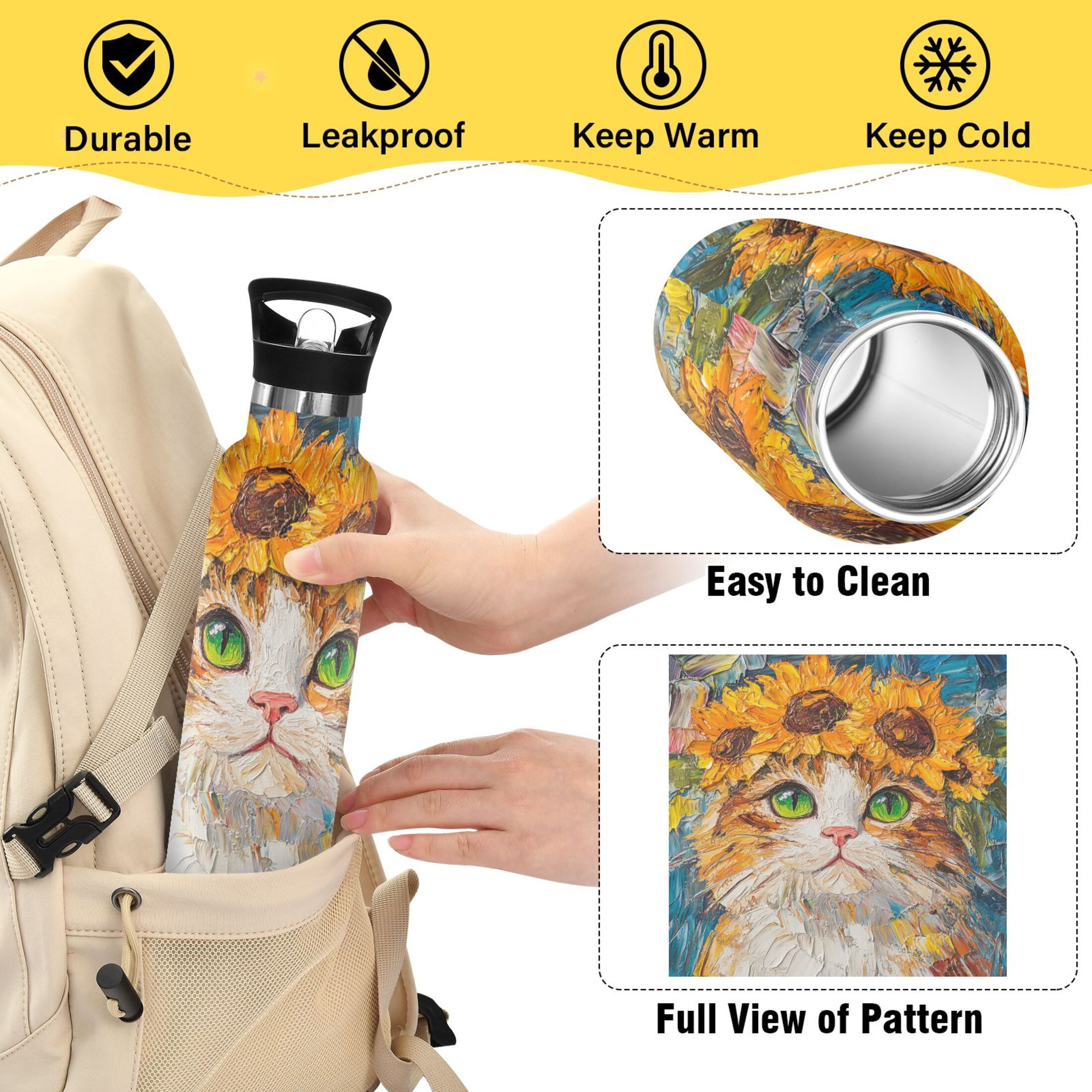 600ML Stainless Steel Insulated Cup Sports Water Bottle Portable Thermos Cup Water Glasses Insulated Tumblers Convenient and Durable Cartoon Sunflower Cat