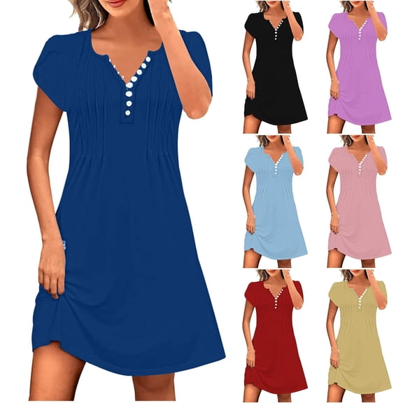 Lovzfmll Women's Shift Dress, V-Neck Short Sleeve with Shirring, Casual Mid-Length Dress Black, S