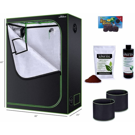 The Budgrower (24 in x 48 in x 60 in) (40 cu ft) Reflective Mylar Black Home Grow Tent/Nutrient Bundle