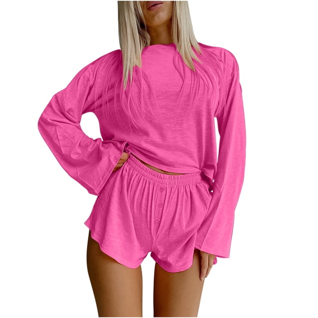Mikilon Pyjama Décontracté pour Femmes Ensemble de Pyjama Simple Couleur Unie Manches Longues Ensemble de Shorts Pyjama Décontracté Manches Longues Col Rond Ensemble Haut/chemise Rose Vif TP