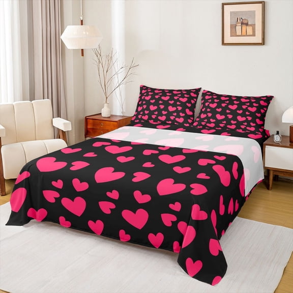 Feelyou Romantic Love Heart Twin Sheet Sets for Child, Kawaii Cartoon Black Red Twin Fitted Sheet, Dreamy Princess Style Flat Sheet, Ultra Soft Bedroom Decor, 3-Piece