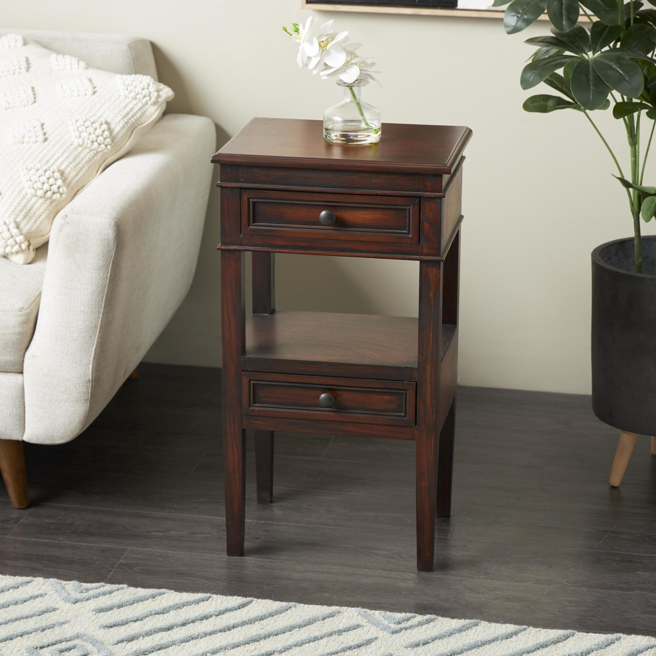 DecMode 16" x 29" Brown Wood Square 2 Drawer and 1 Shelf Accent Table, 1-Piece
